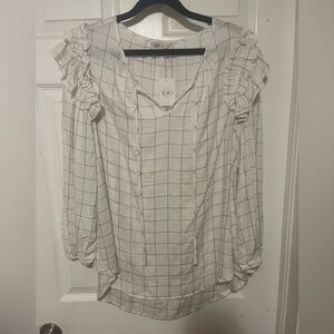 Cato White Grid Blouse with Ruffled Sleeves